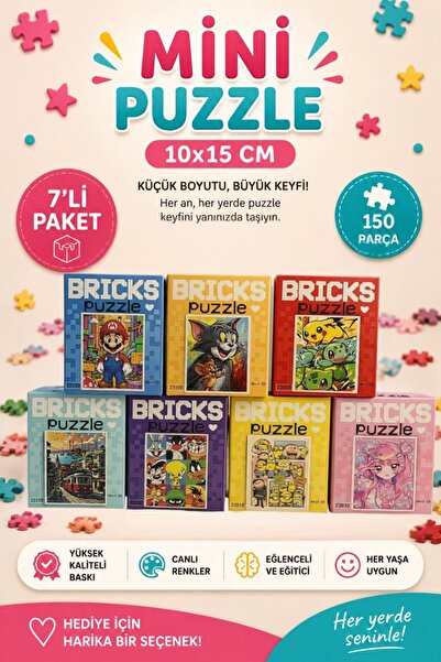 Gargamel Bricks Puzzle 7’li Set 100 Parça Mini Puzzle 10x15 cm Zeka Oyunu Eği...