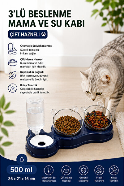 Glipet Çift Hazneli- 3' Lü Beslenme Mama Ve Su Kabı 500ml 36*21*16 Cm