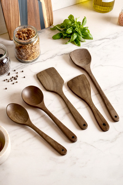 Kitchen Life 5 Parça Akasya Servis Takımı - Akasya Servis Kaşık Spatula Kepçe...