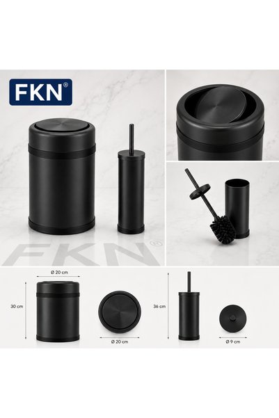 FKN Coș de gunoi negru cu capac basculant 8 litri - Set de baie cu perie pentru toaletă