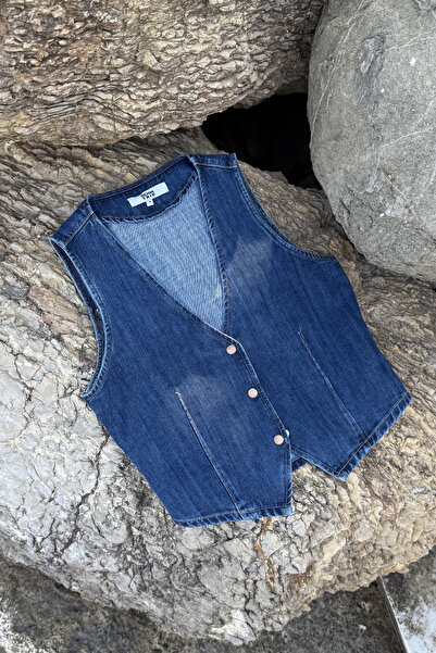 Denim Trip Fitted Slim Crop Fit Koyu İndigo Kadın Jean Yelek