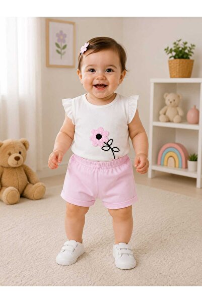 LİLİYUM Summer Floral Embroidered Baby Girl Set 2-Piece Top and Bottom Set