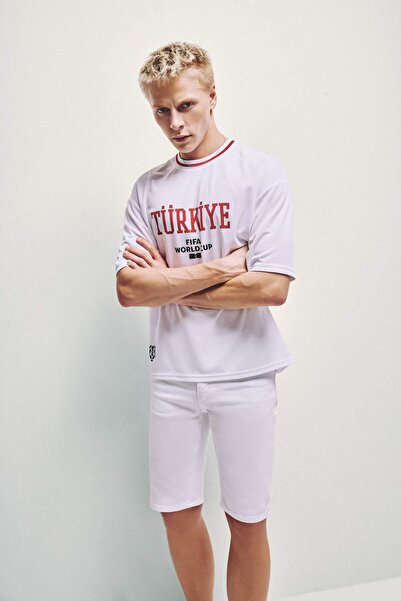 DeFacto World Cup Boxy Fit Turkey Printed Short Sleeve White T-Shirt I0914Ax26Hs