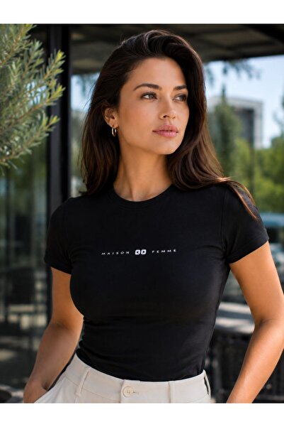 Maison La Femme Tricou cu mânecă scurtă cu imprimeu slim fit, negru, pentru f...