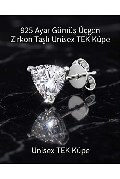 Begonia Accessories 925 Ayar Gümüş Tek Taş Küpe Üçgen Zirkon Antialerjik Unis...