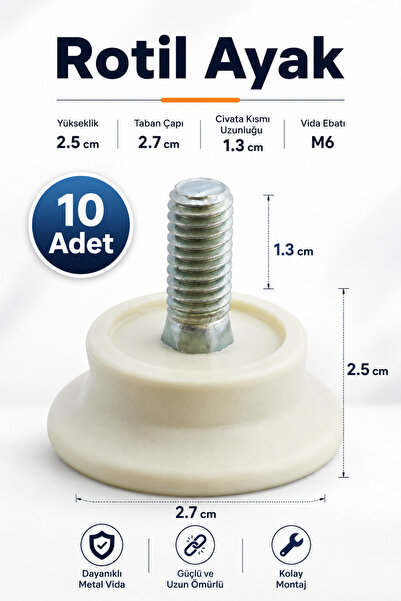 NZB Bingo Rotil Ayak M6 Civatalı Mm Krem Profil Yüksletme Ayağı 2.5 Cm (10 Adet)