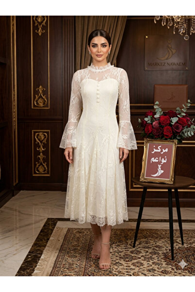 NAWAEIM Summer Lace Midi Dress Off White Long Sleeves Casual Elegant Dress