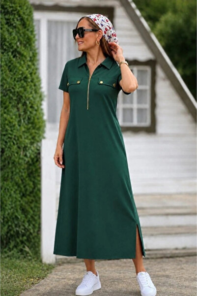 Generic Brand Women's Short Sleeve Collared Zippered Long Viscose Two-Thread ...