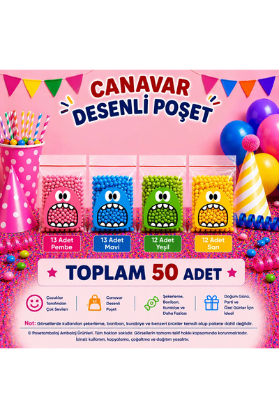 CarpCorn 50 Adet 4 Renkli Canavar Desenli Cake Pop & Kurabiye Poşeti - 10x15 cm