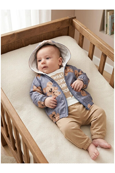 Mini Baray Baby Boy Bear Printed Raincoat 3-Piece Cotton Set (9-12-18-24 Mont...