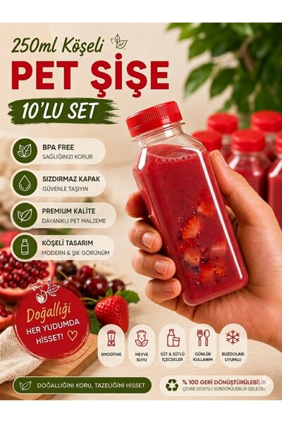 troykar Özer Home 10 lu 250 ml Sızdırmaz Kapaklı Kare Detoks Meyve Suyu Şişe ...