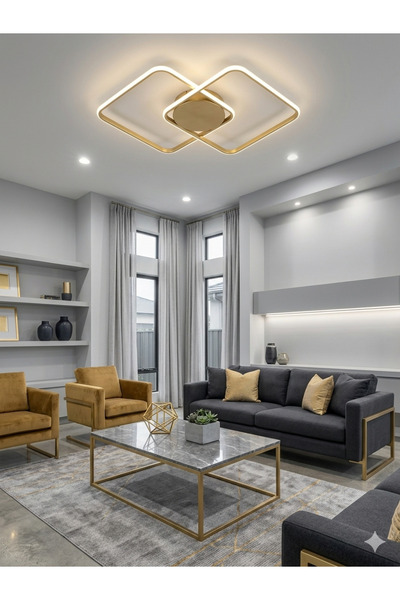 Zeya Lighting Yüksek Aydınlatmalı Kare Gold Tavan Plafonyer Led avize, 3 Renk...