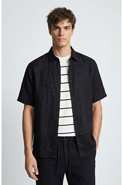 Network N-Green Relaxed Fit Siyah Keten Gömlek