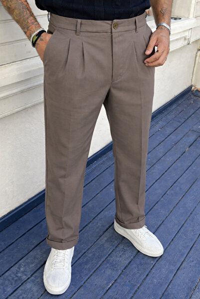 DAMGA JEANS Men's High Waist Regular Fit Brown Fabric Trousers