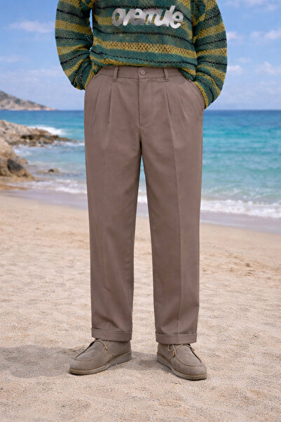 DAMGA JEANS Men's Summer High Waist Pleated Brown Fabric Trousers