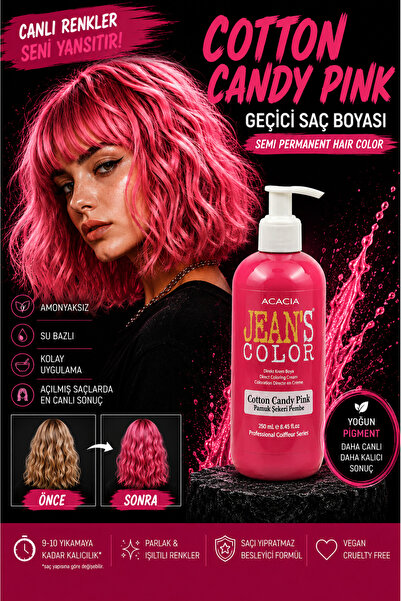 jeans color Amonyaksız Renkli Saç Boyası Pamuk Şekeri Pembe 250ml. Kokusuz Su...