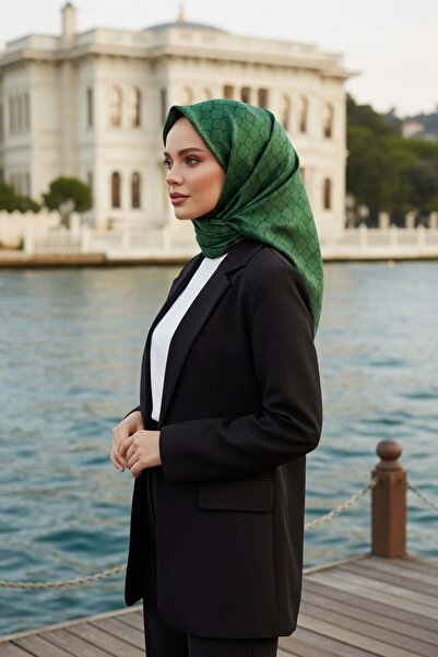 Vissona 100% Twill Silk Monogram Patterned Emerald Green Colored 90X90 Scarf ...