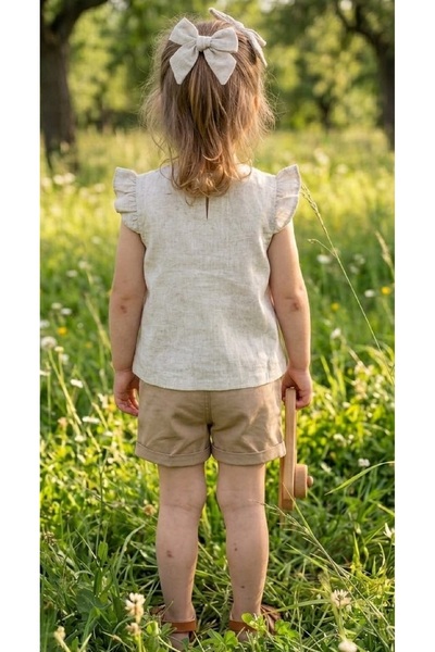 PAMPAL MODA Girls Floral Embroidery Ruffle Sleeve Blouse and Linen Shorts Bottom Top Summer Set