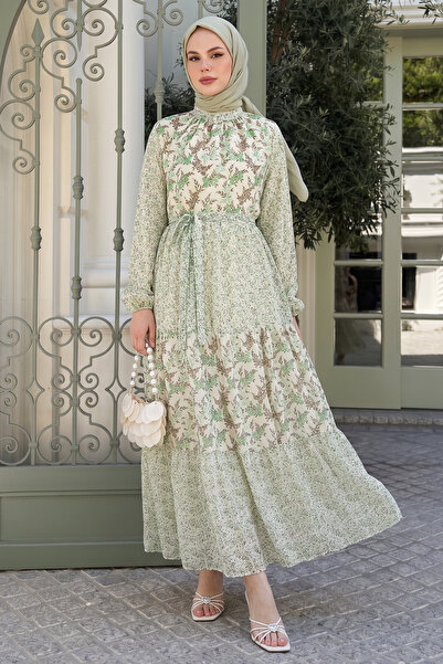 InStyle Φόρεμα σιφόν Nessa Floral ζωσμένο - Πράσινο