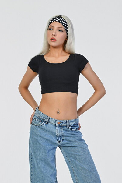 Noori Crop Top pentru damă cu camisole cu gât rotund din Lycra - negru