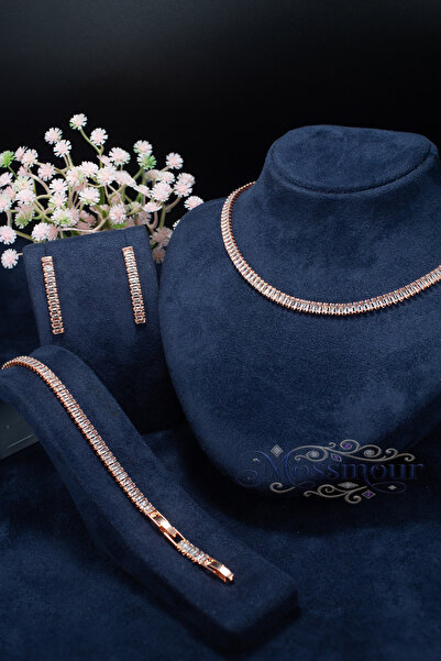 MOSSMOUR Rose Gold ( Bronz ) Zirkon Baget Su Yolu Kolye Küpe Bileklik Kuyumcu...