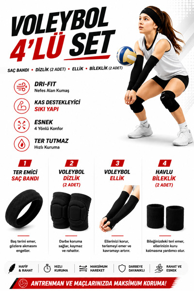 Tayzon Voleybol Seti - Voleybol Dizliği Sünger Destekli Voleybol Kolluğu Havl...