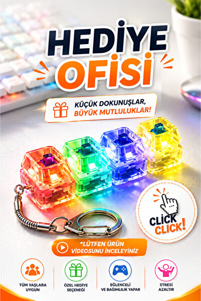 hediyeofisi Işıklı Mini Klavye Anahtarlık LED Fidget Stres Giderici Click Ses...