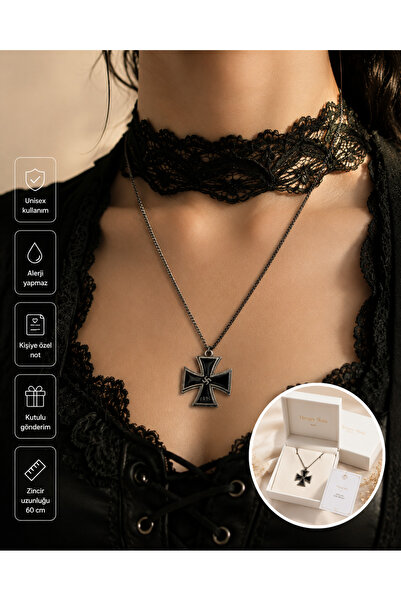 Herşey Nota Demir Haç Tasarımlı Siyah Unisex Kolye – 60 cm Zincirli Gotik Roc...
