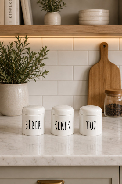 YzHome 3 Lü Beyaz Porselen Vakumlu Baharatlık Kavanoz ETİKET HEDİYELİ