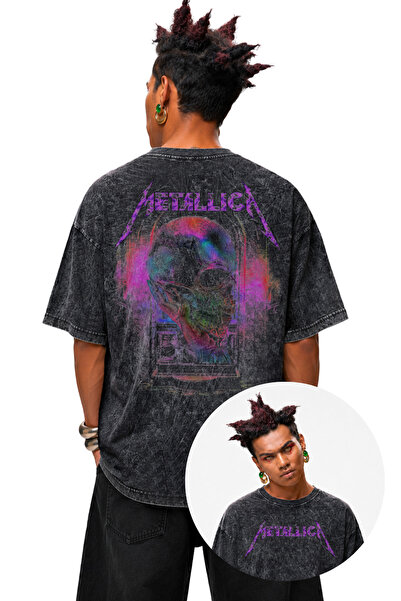 Fuddy Moda Unisex Kuru Kafa Mor Metallica Sırt Baskılı Yıkamalı Tişört, Overs...