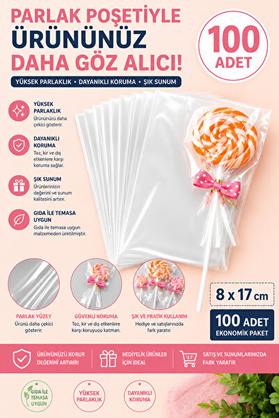 YOK YOK AMBALAJ Parlak Bantsız Şeffaf Jelatin - Kurabiye Aksesuar Poşeti 8x17...