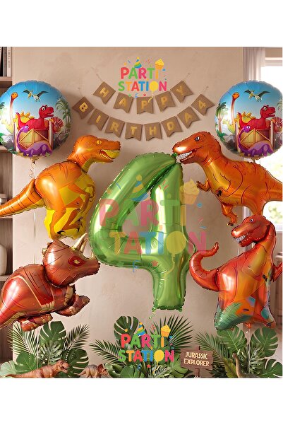Parti Station Orman Tema Jurassic Park Dinozor Konsept Yeşil Rakam Balon 4 Ya...