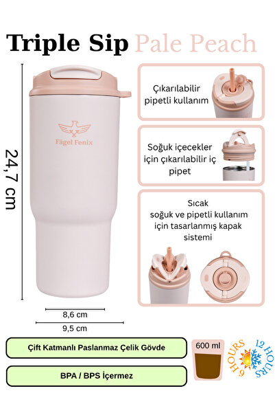 Fagel Fenix 600 ml Triple Sip Pale Peach Çift Katmanlı Paslanmaz Çelik Termos...