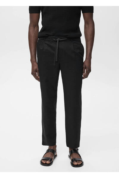 MANGO Man Pantaloni slim din in, cu șnur în talie