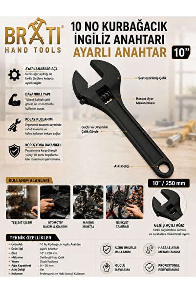 BRATİ HAND TOOLS مفتاح ربط إنجليزي قابل للتعديل مقاس 10 بوصات، رقم 10