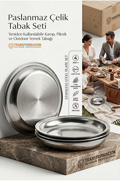 Transformacion 4'lü Paslanmaz Çelik Tabak Seti 21 cm, Kırılmaz, Hafif, Yenide...