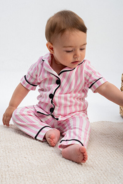 Rocha Baby Rocha Kız Bebek Pembe Beyaz Çizgili Düğmeli 2'li Pijama Takımı - P...