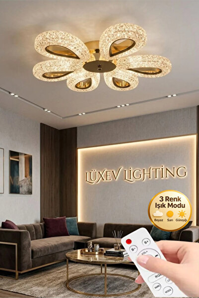 Lüxev Lighting Yağmur Model 6"lı Kumandalı Gold 3 Renk Modu Ledli Modern Plaf...