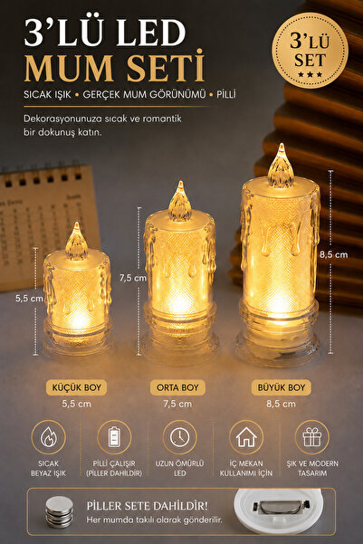 BRE HOME 3'lü Eriyen Mum Görünümlü Mini LED Pilli Mum Seti - Kristal Dokulu D...