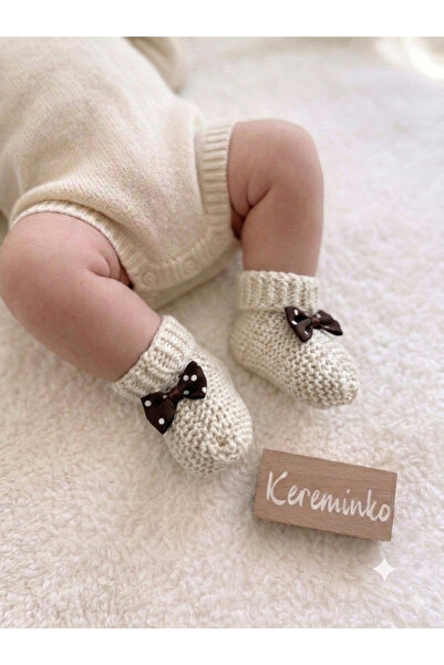 Kereminko Bebek Beige Knitwear Booties with Bow Detail, Suitable for 0-6 Months