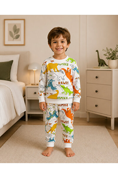 Fil Kids Boys' Cotton Fabric White Color Dinosaurs Patterned Long Sleeve Tran...