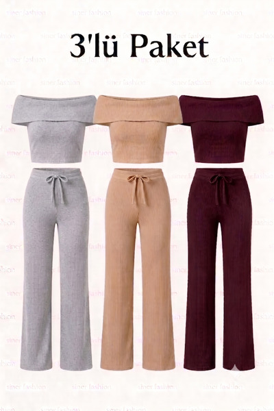 Siner Fashion طقم بلوزة مادونا نسائية مكون من 3 قطع مع بنطلون واسع الساق