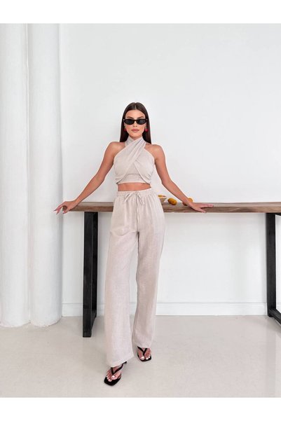 Belle Perre Women's Linen Blouse Lace-Up Trousers Double Suit