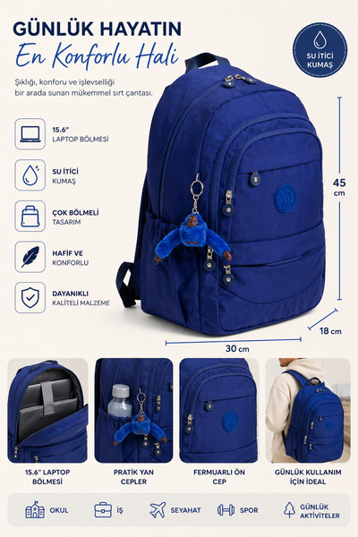 MİECZ BAGS Krınkil Kumaşlı Modern Ergonomik Çok Bölmeli Maymun Anahtarlıklı G...