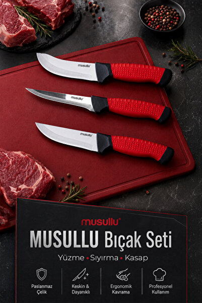 Musullu 3'lü Profesyonel Kasap Bıçak Seti - Yüzme, Sıyırma ve Satır (Paslanma...