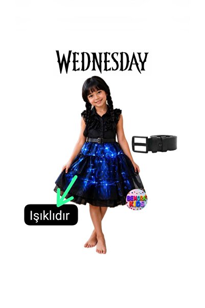 3b kids wednesday ışıklı tek elbise kostüm + kemer doğum günü parti davet düğ...