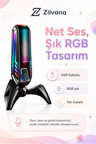 Zilvana Elyvra RGB USB Masaüstü Mikrofon Oyun Canlı Yayın Karaoke Konferans S...
