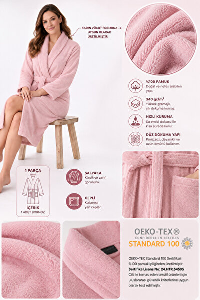 Ellaline Women's Bathrobe 100% Certified Cotton, 1 Piece, Dressing Gown / Robe - Pink