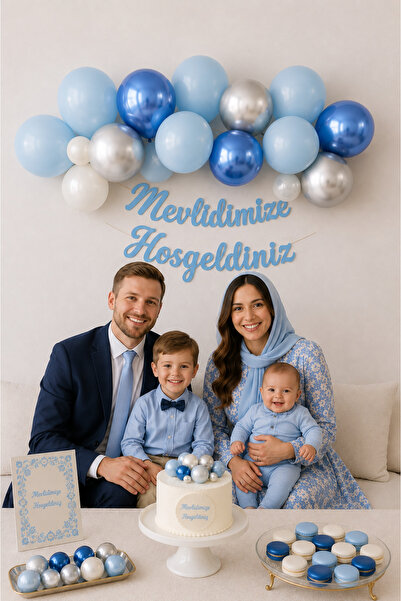 Parti dolabı 1 Adet Mavi Mevlidimize Hoşgeldiniz Kaligrafi Yazı Banner Sünnet Bebek Diş Mevlidi Yazı 160cm