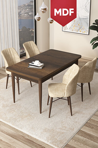 Canisa Arp Serisi 70x110 MDF Sabit Mutfak Masası Takımı Barok Desen Masa 4 Kr...